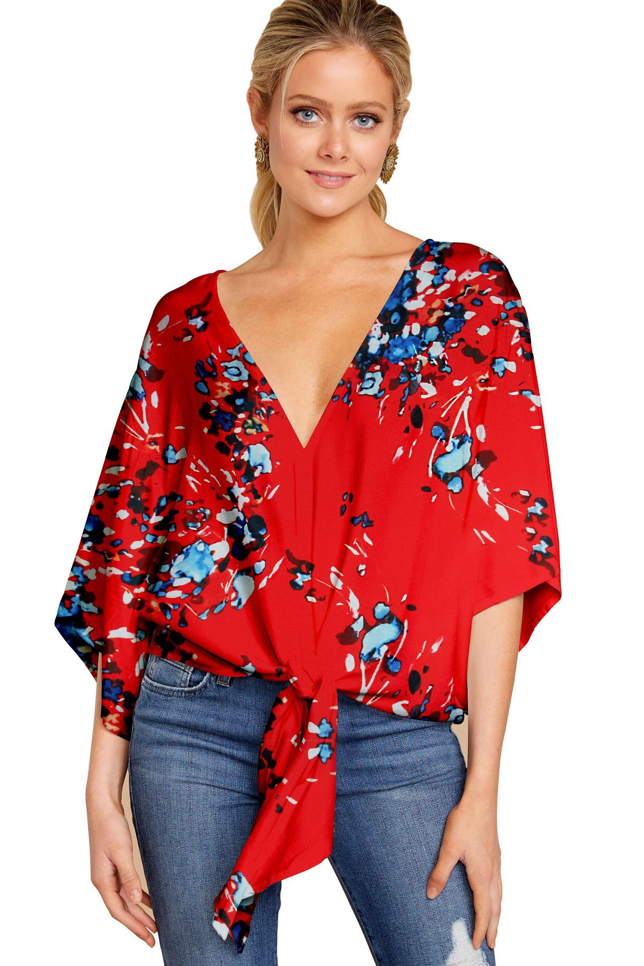 Wendy – Leopardenmuster Bluse mit Blumenmotiv und Fledermausärmeln