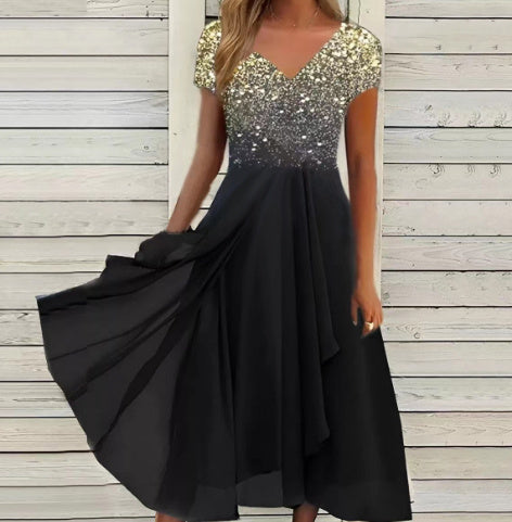 Damen Elegantes Chiffonkleid mit Blumenmuster und V-Ausschnitt – Festliche A-Linien Sommermode