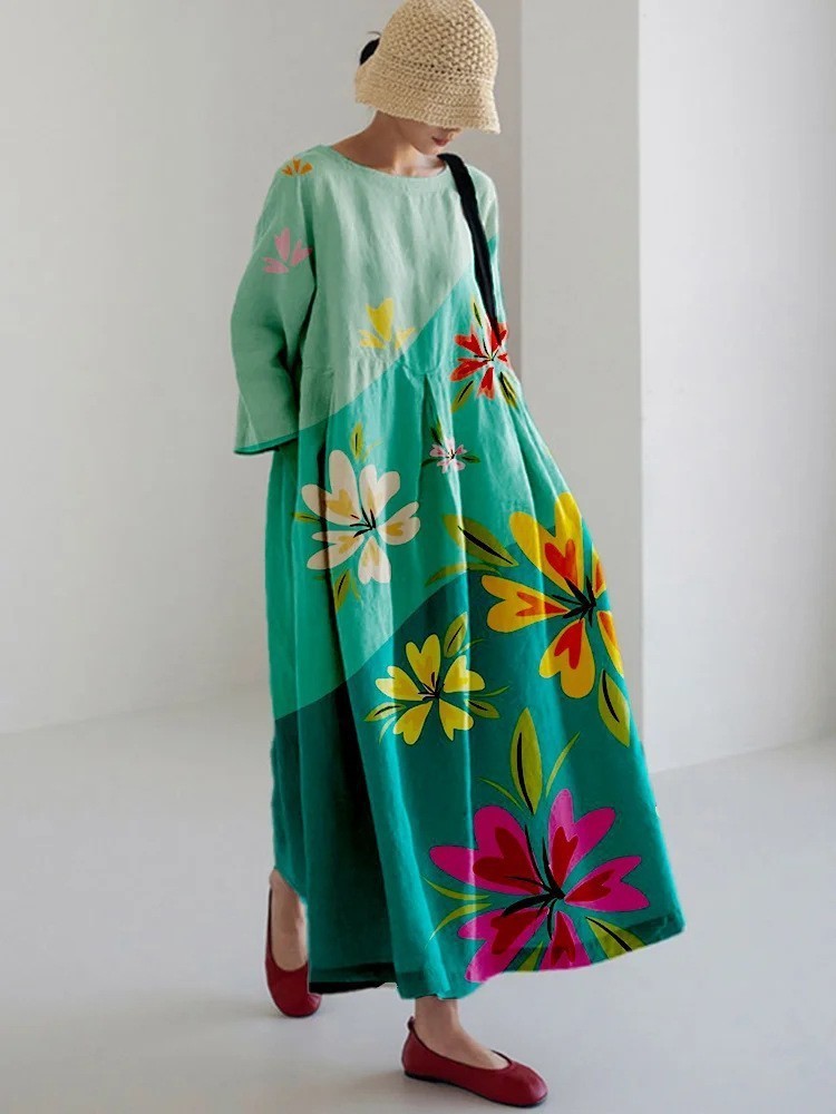 Damen Maxikleid im Retro-Stil mit großem Blumenmuster – Lockeres Sommerkleid für Alltag und Freizeit