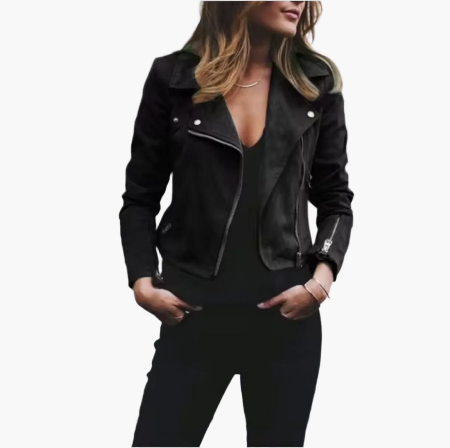 Damen Kurzjacke im Bikerstil – Modische Wildleder-Optik für Freizeit & Streetstyle