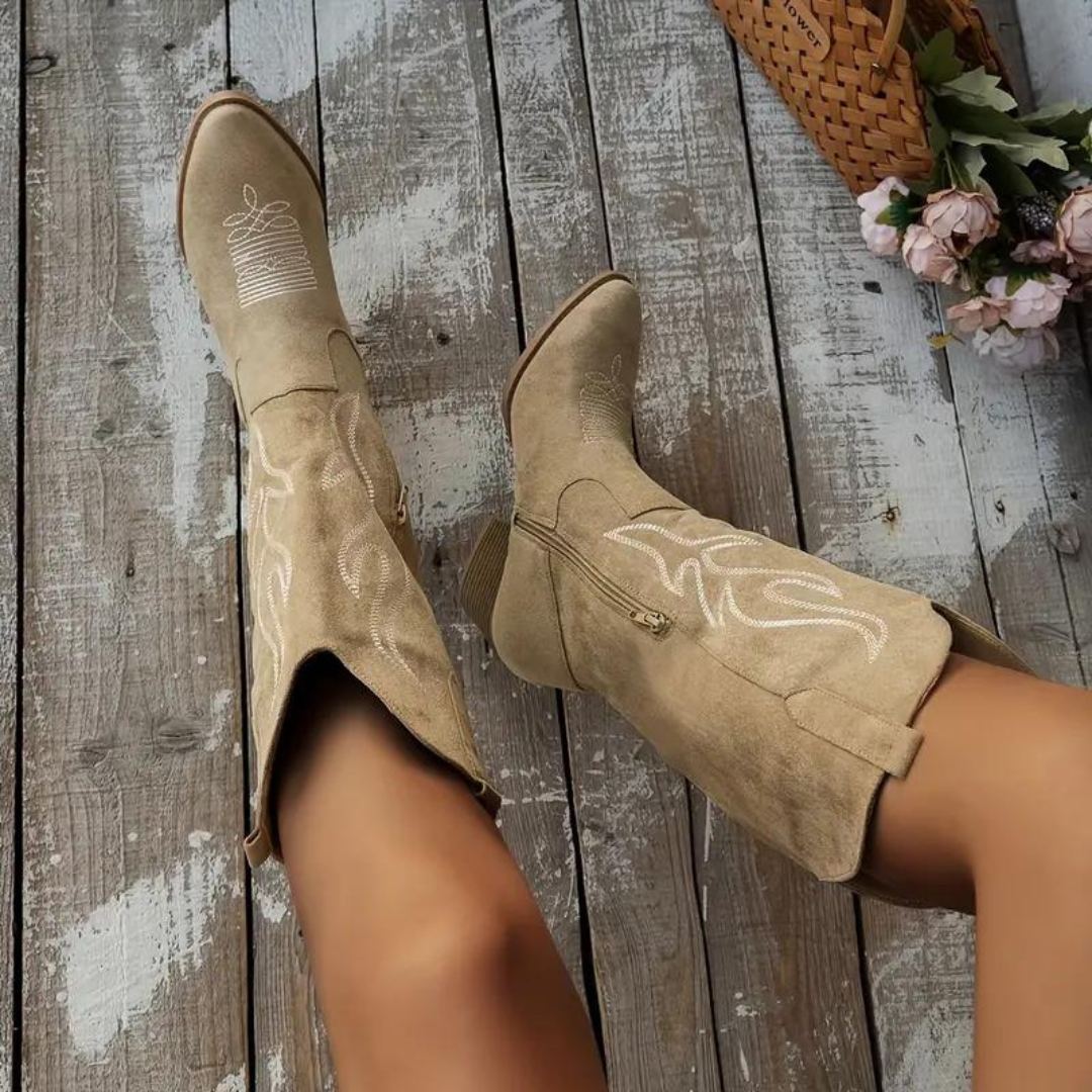 Damen Kniehohe Cowboystiefel Westernstil mit Absatz – Modische Vintage Stiefel für Alltag und Ausgehen