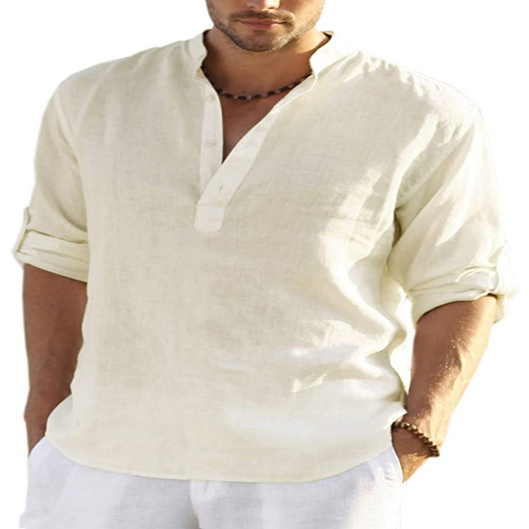 Herren Henley Shirt Langarm – Casual Sommerhemd mit Stehkragen für Freizeit, Büro und Urlaub