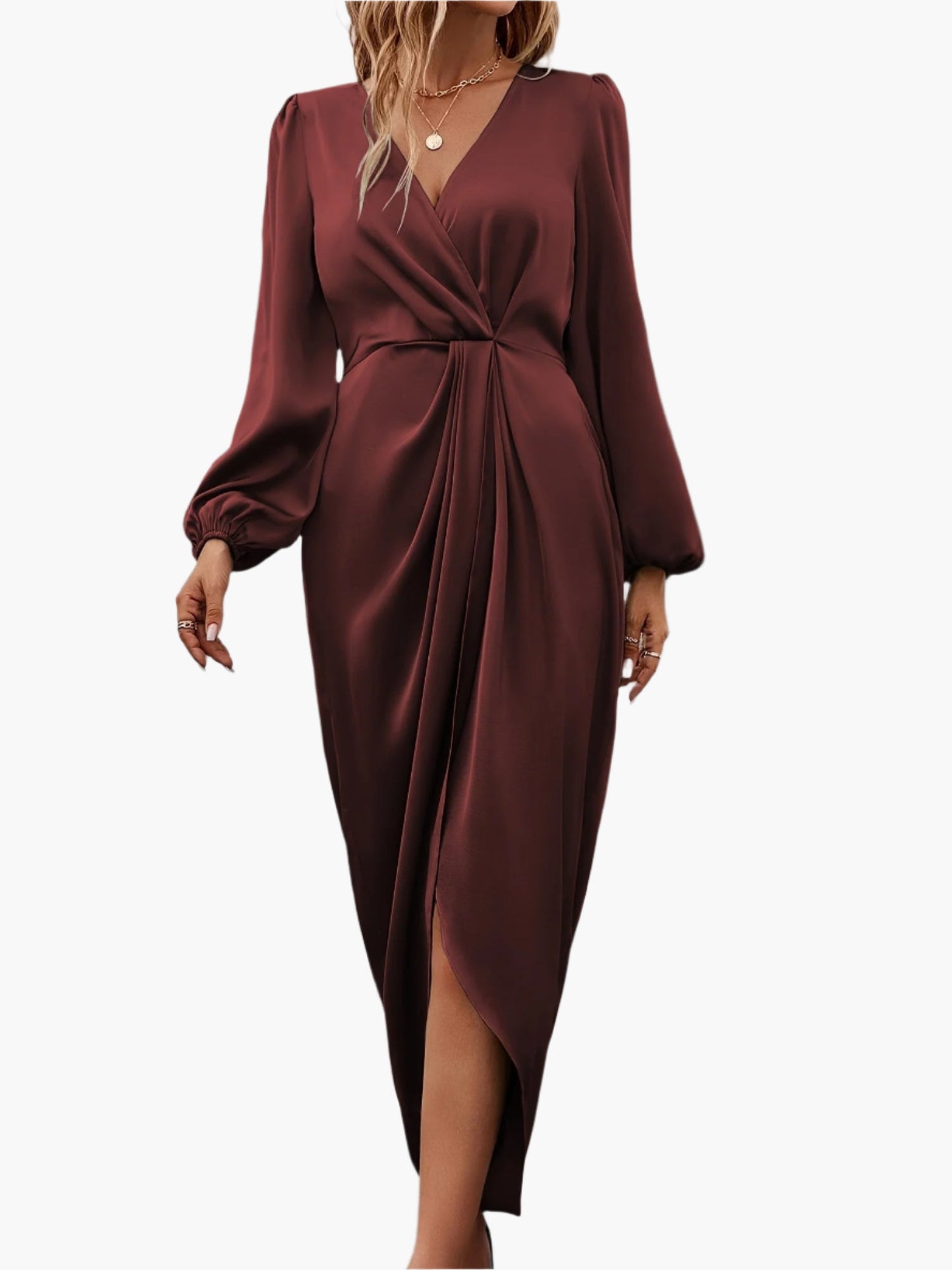 Damen Festliches Wickelkleid mit Raffungen und V-Ausschnitt – Elegantes Abendkleid für besondere Anlässe
