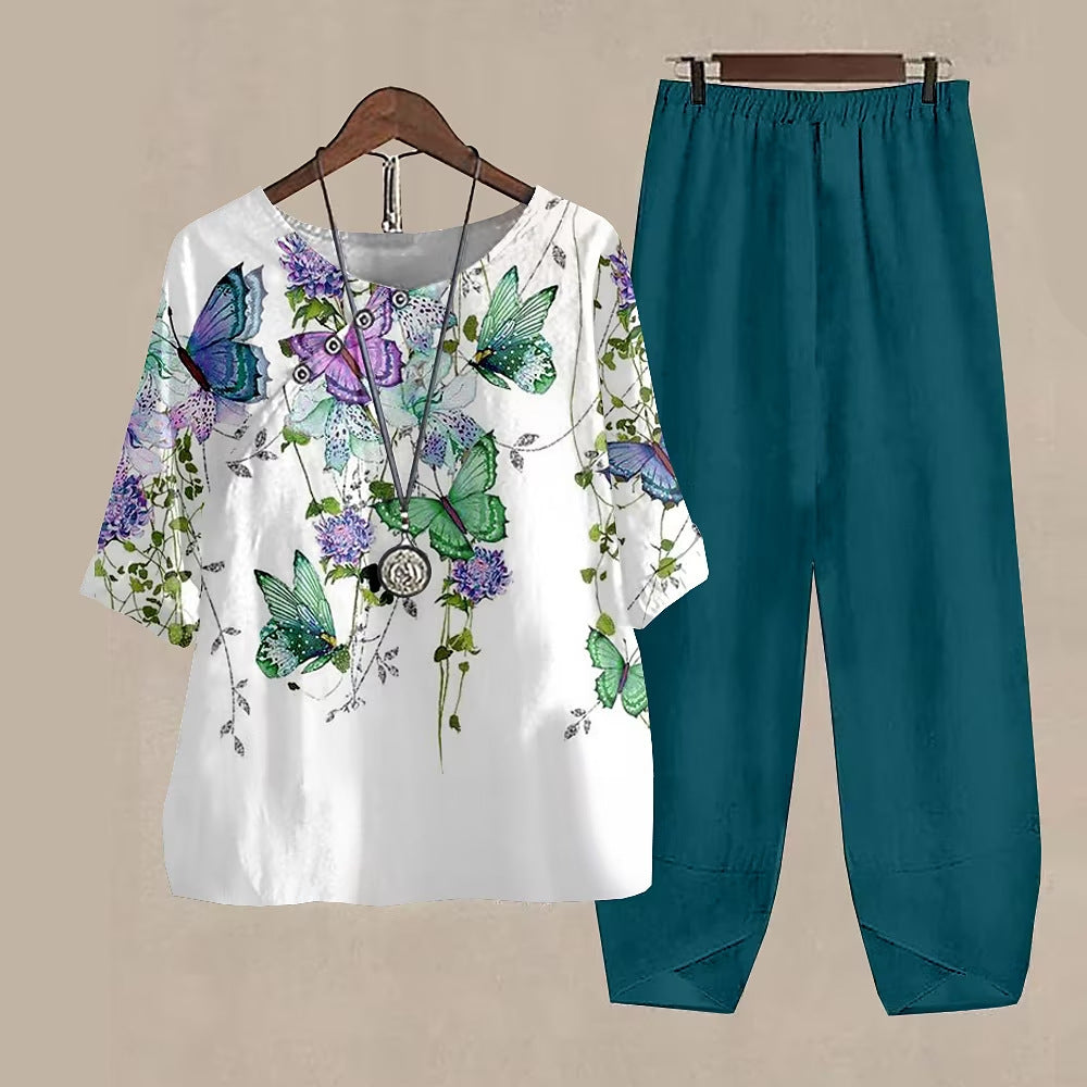 Damen Freizeit Zweiteiler Set – Lockeres Oberteil mit Libellen-Print und Asiatisch Inspirierten Hosen, Modisch für Alltag und Urlaub