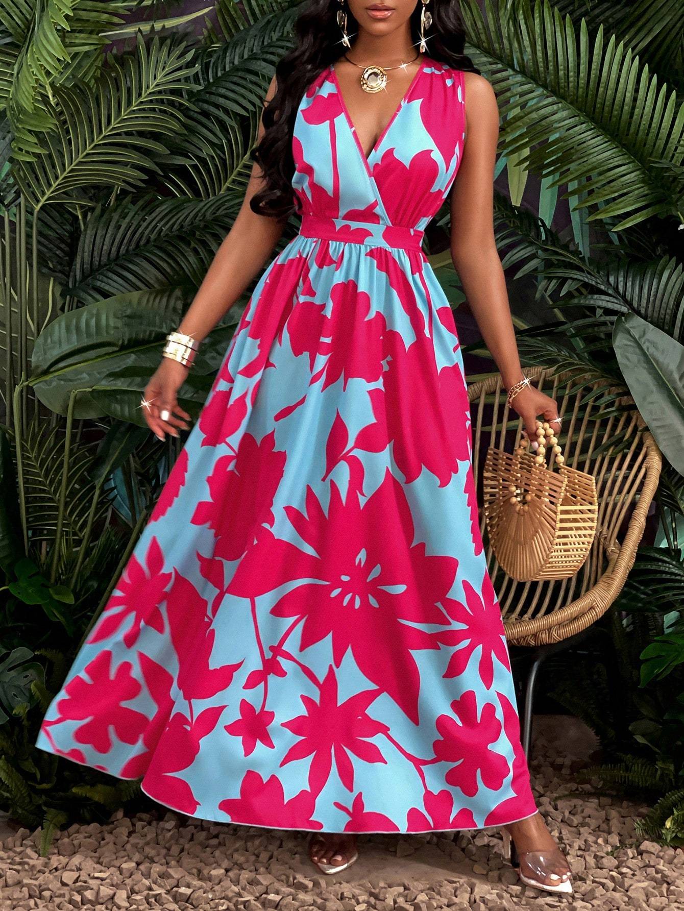 Nicole – Maxikleid mit tiefem V-Ausschnitt und geraffter Taille