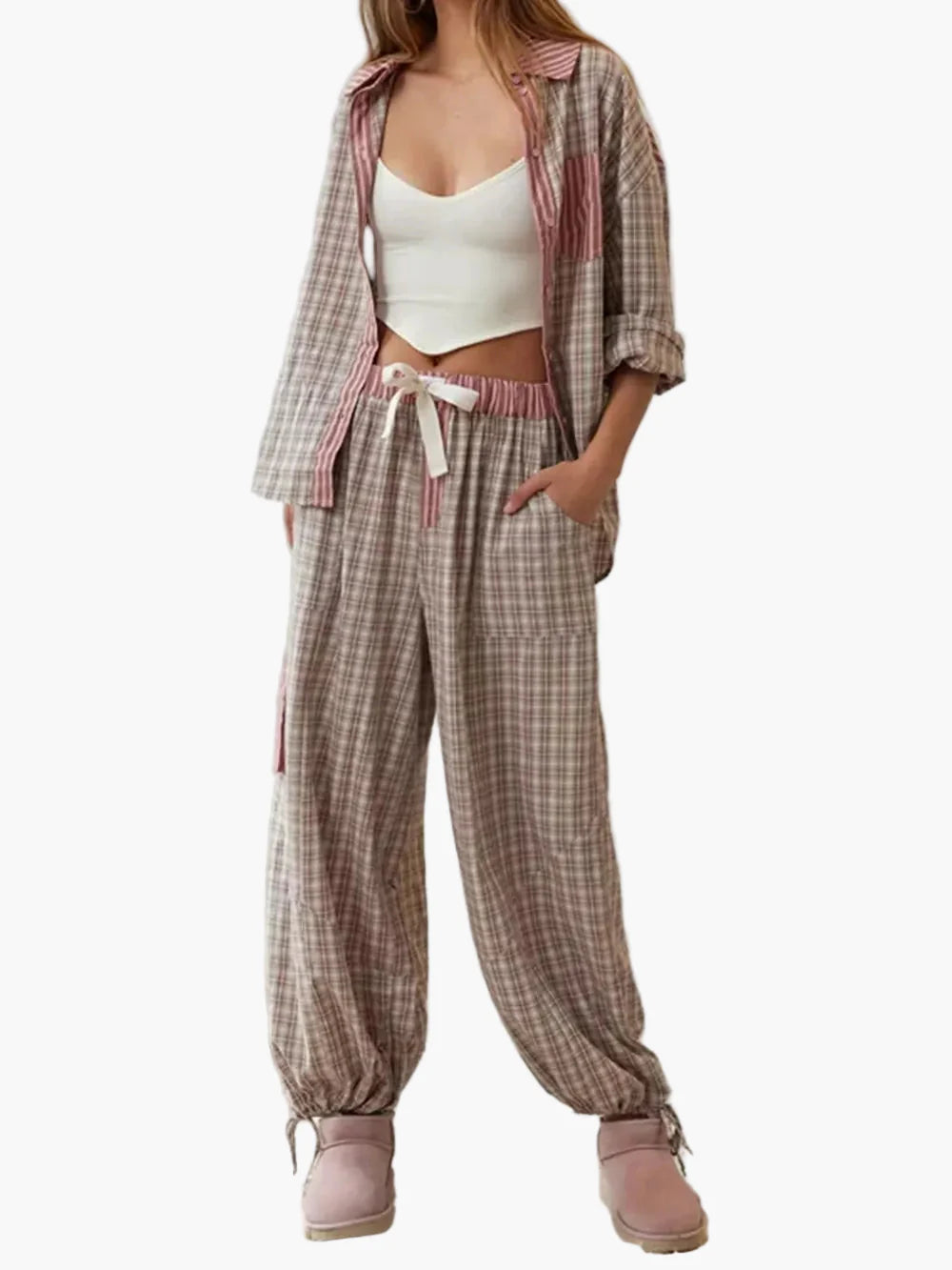 Damen Pyjama Zweiteiler – Modernes Streifen-Karo Design, Lässig & Bequem für Zuhause