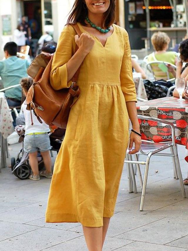 Damen Leinenkleid mit V-Ausschnitt und 3/4-Ärmeln – Elegantes Freizeitkleid für Alltag und Urlaub