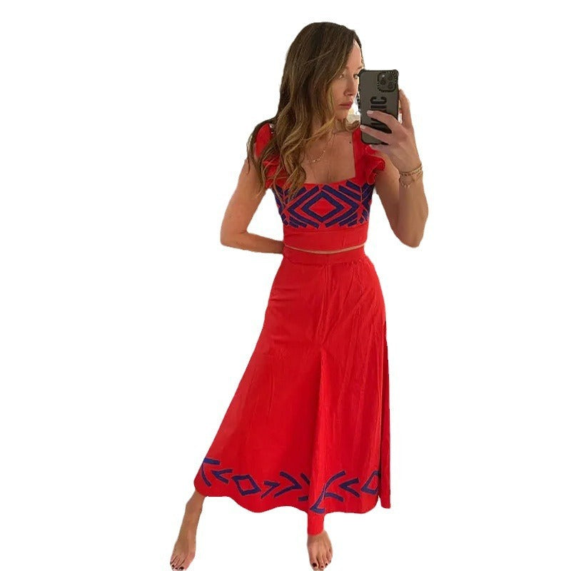 Lynda – Geometrisch bedrucktes hoch tailliertes Trägerkleid mit fliegenden Ärmeln