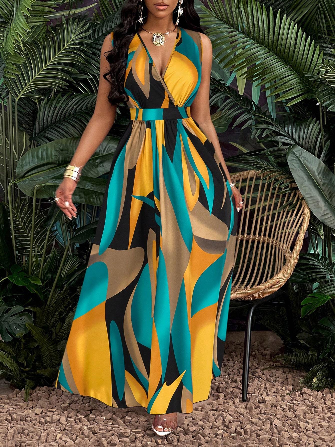 Nicole – Maxikleid mit tiefem V-Ausschnitt und geraffter Taille