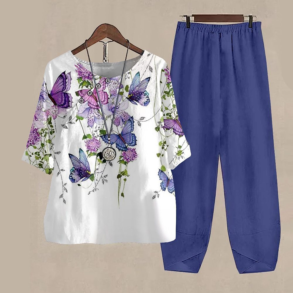Damen Freizeit Zweiteiler Set – Lockeres Oberteil mit Libellen-Print und Asiatisch Inspirierten Hosen, Modisch für Alltag und Urlaub