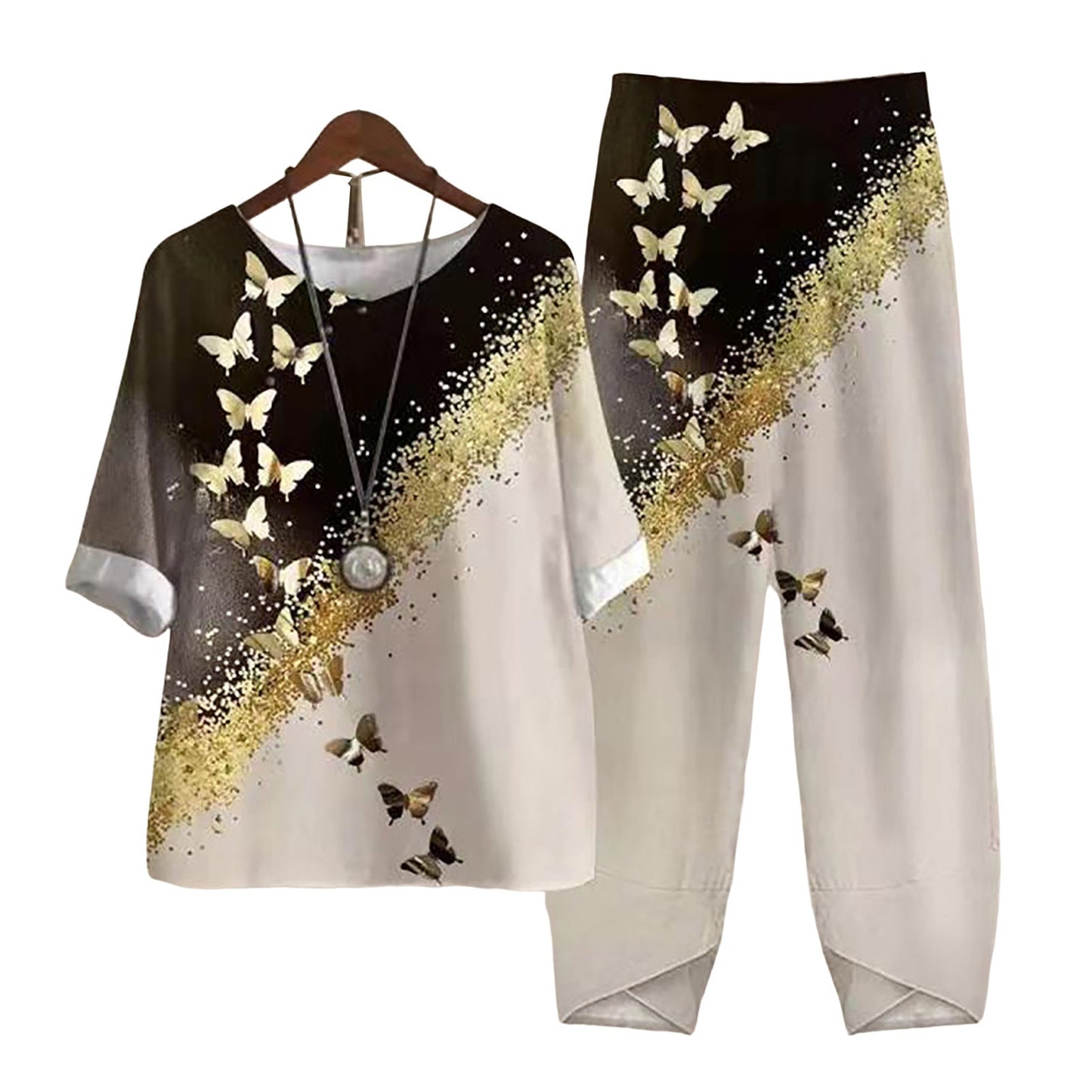 Damen Freizeit Zweiteiler Set – Lockeres Oberteil mit Libellen-Print und Asiatisch Inspirierten Hosen, Modisch für Alltag und Urlaub