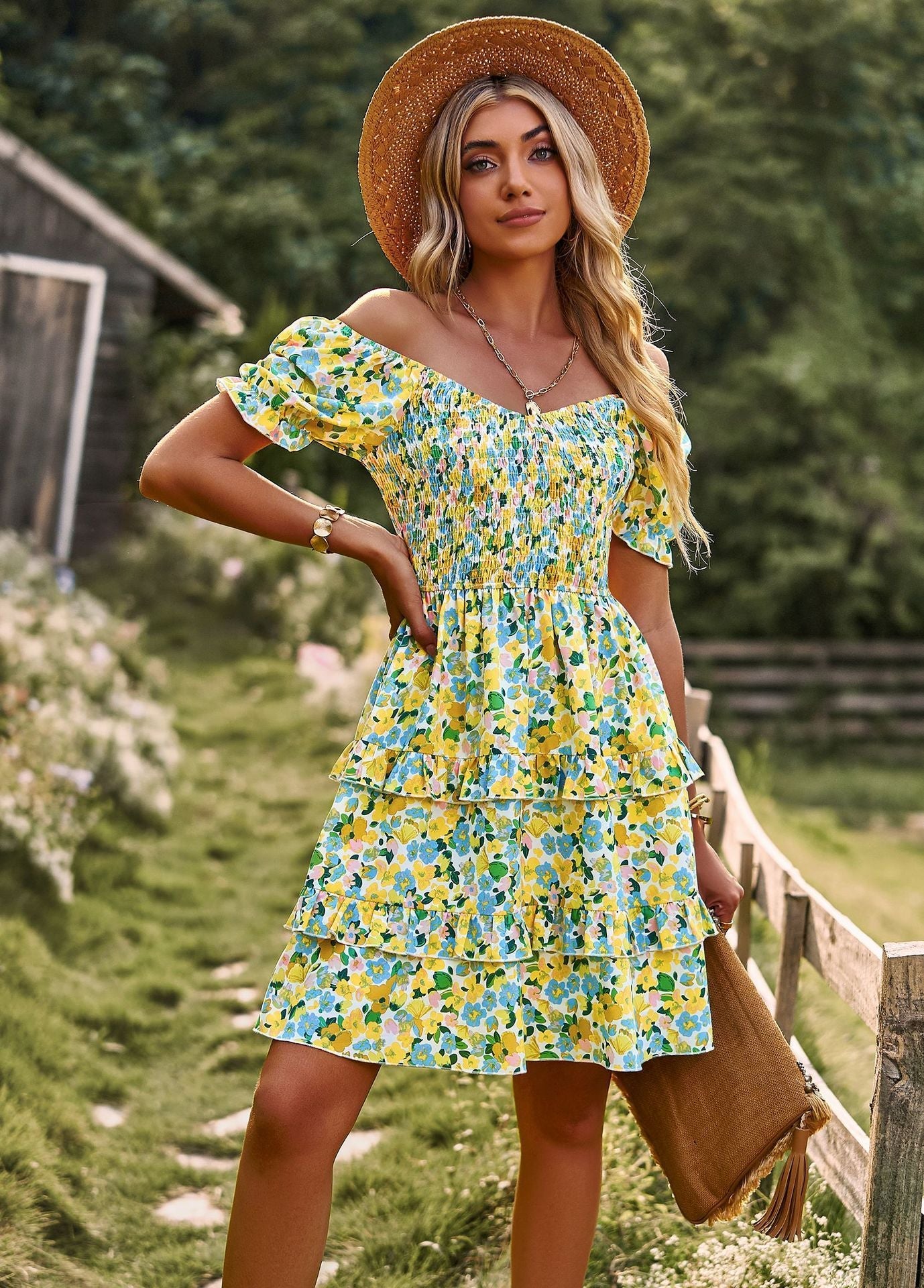 Susan – Blumiges Rüschensommerkleid mit kurzen Ärmeln und schulterfreiem Schnitt