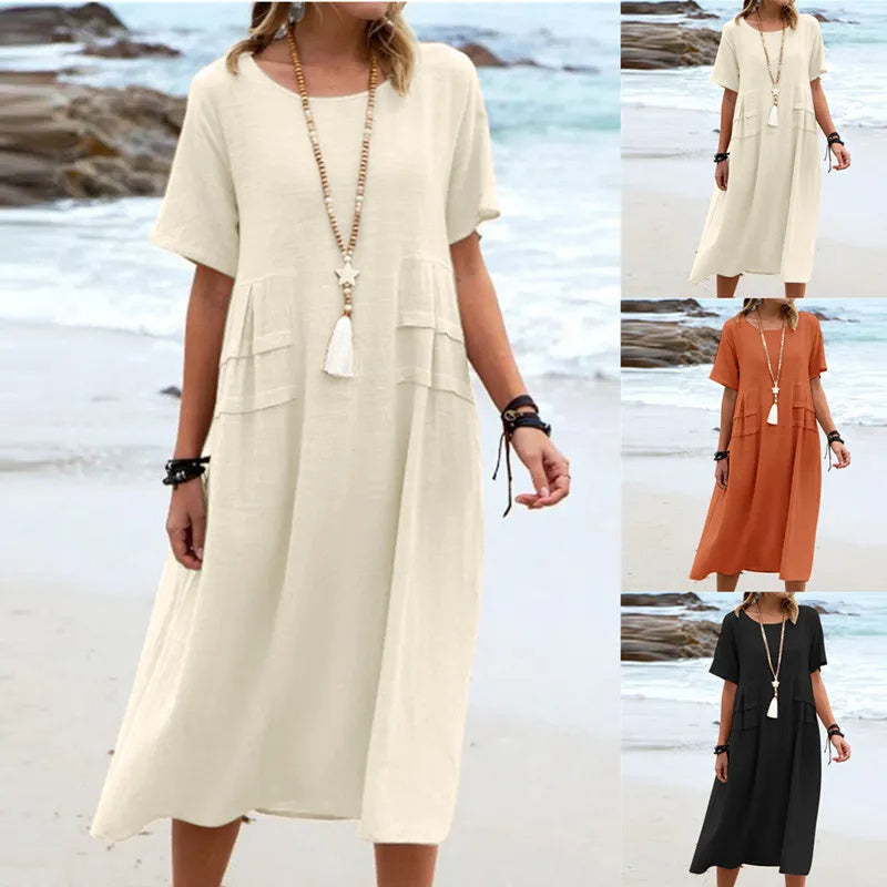 Lucy – Lässiges Midi-Kleid aus atmungsaktiver Baumwolle und Leinen mit kurzen Ärmeln