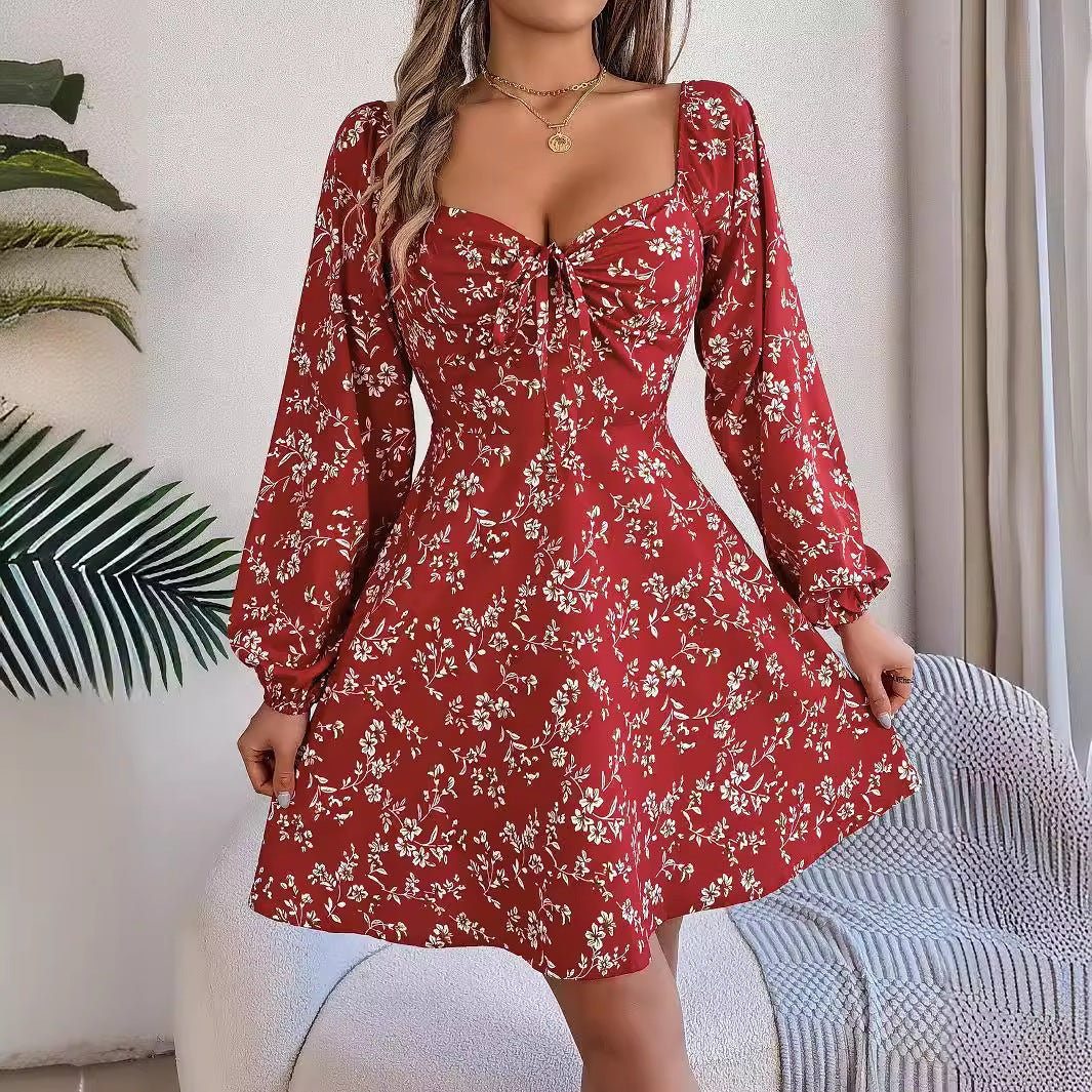 Wendy – Blumendruck Kleid mit Laternenärmeln und A-Linie