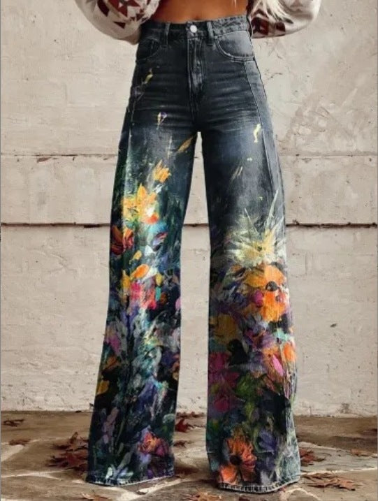 Damen Weite Boho-Jeans mit grafischem Kunst-Design und Vintage-Style, ideal für Streetwear und Festivals