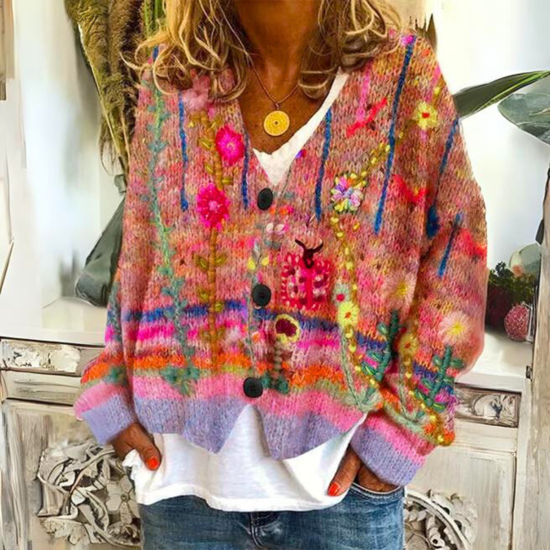 Damen Strickjacke im Boho-Stil mit floralen Akzenten – Modischer Cardigan für Freizeit und Alltag
