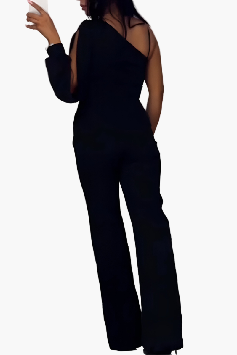 Damen Einarm-Jumpsuit mit weitem Bein und Glitzer-Mesh-Einsatz – Eleganter Party- und Abend-Look