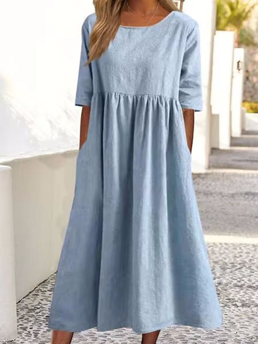 Imogen – Lässiges Damenkleid aus Baumwolle und Leinen mit kurzen Ärmeln und Taschen