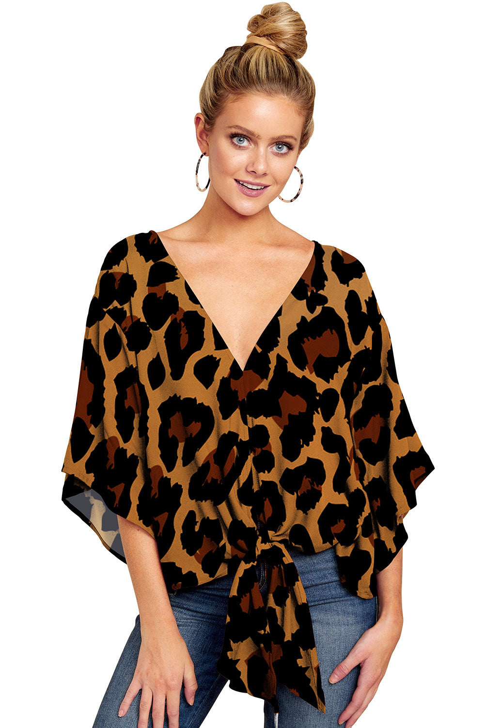 Wendy – Leopardenmuster Bluse mit Blumenmotiv und Fledermausärmeln