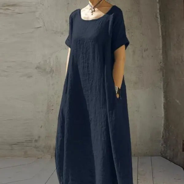 Jasmine – Rundhals-Kurzarm-Waistkleid aus Baumwolle und Leinen in einfarbig