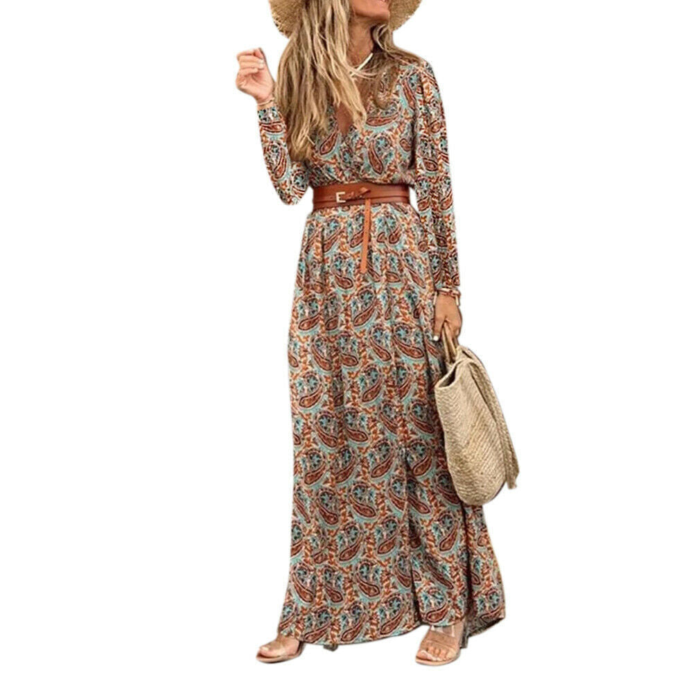 Sandra – Boho Blumenkleid mit V-Ausschnitt und langen Ärmeln