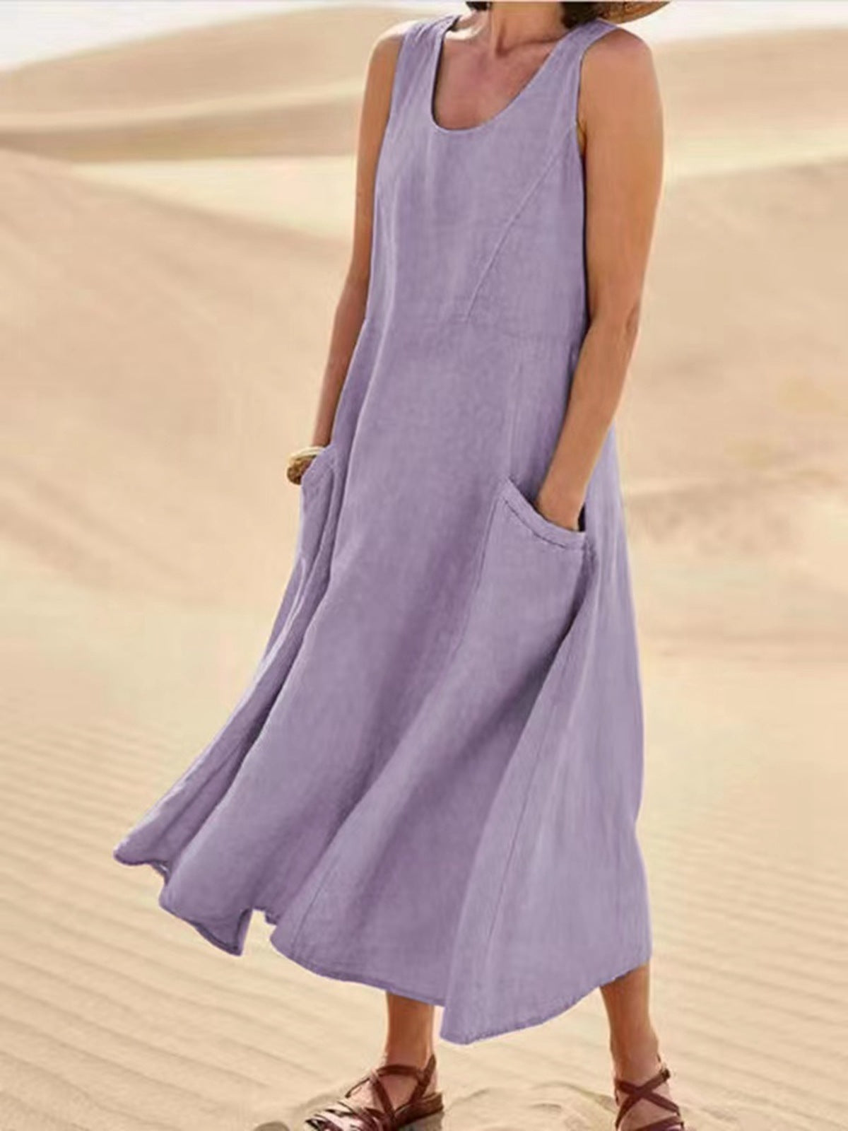 Marie – Langes ärmelloses Kleid mit Taschen