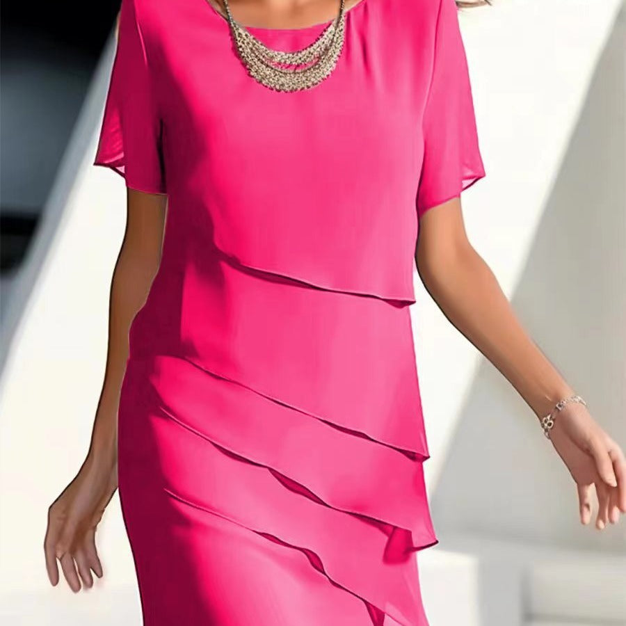 Tanya – Chiffon-Patchwork-Kleid mit rundem Ausschnitt und kurzen Ärmeln
