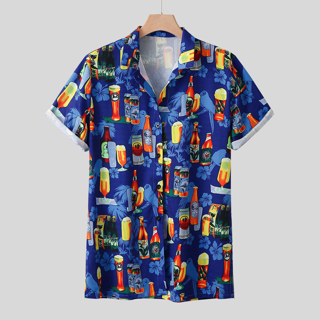 Herren Hawaiihemd mit Cocktail- und Bierflaschen-Print – Oktoberfest Sommer Freizeit Partyhemd