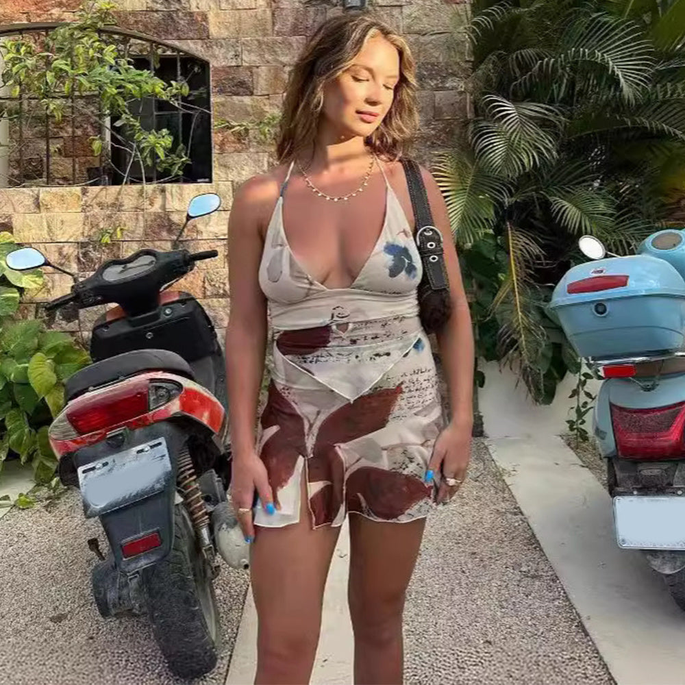 Amelia – 2-teiliges Druckanzug Sommer Sexy V-Ausschnitt Haltertop und Falten Minirock Damenkleid Set