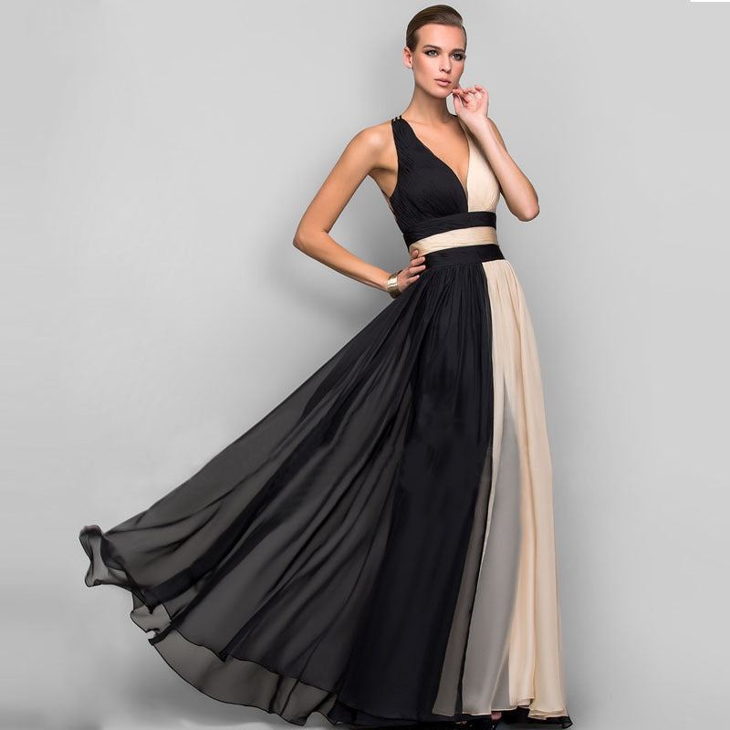 Vanessa – Langes V-Ausschnitt Kleid mit offenem Rücken