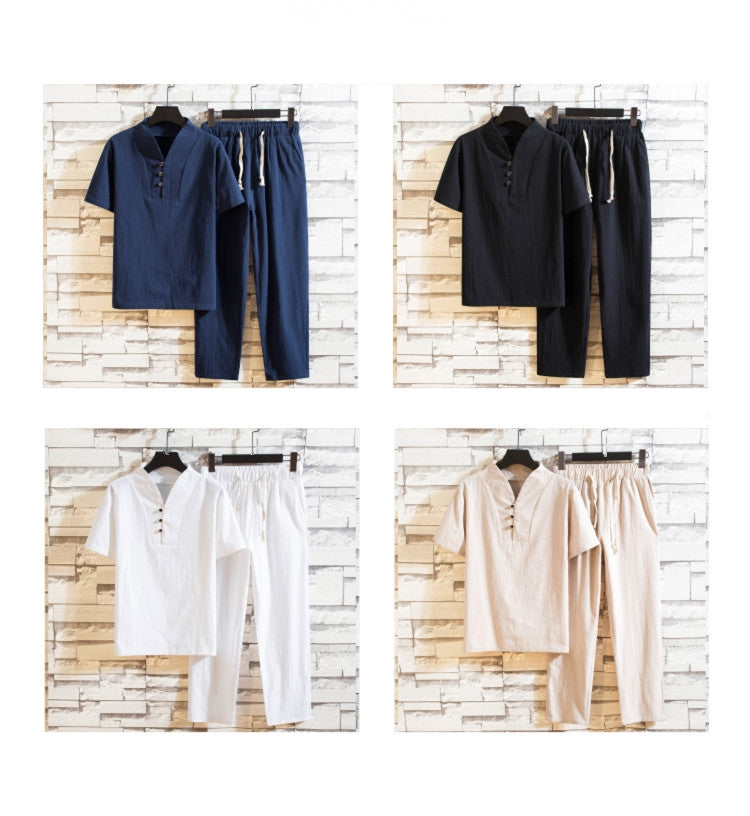 Herren Leinen Sommeranzug Set – Lässiges zweiteiliges Outfit mit Kurzarmhemd und Hose – Ideal für Freizeit & Alltag