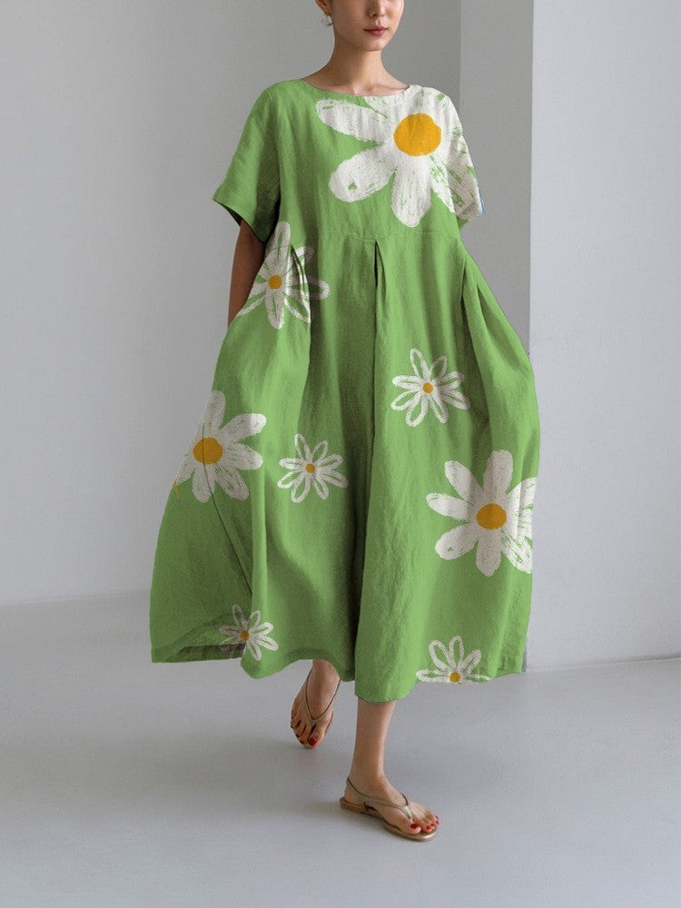 Damen Maxikleid im Retro-Stil mit großem Blumenmuster – Lockeres Sommerkleid für Alltag und Freizeit