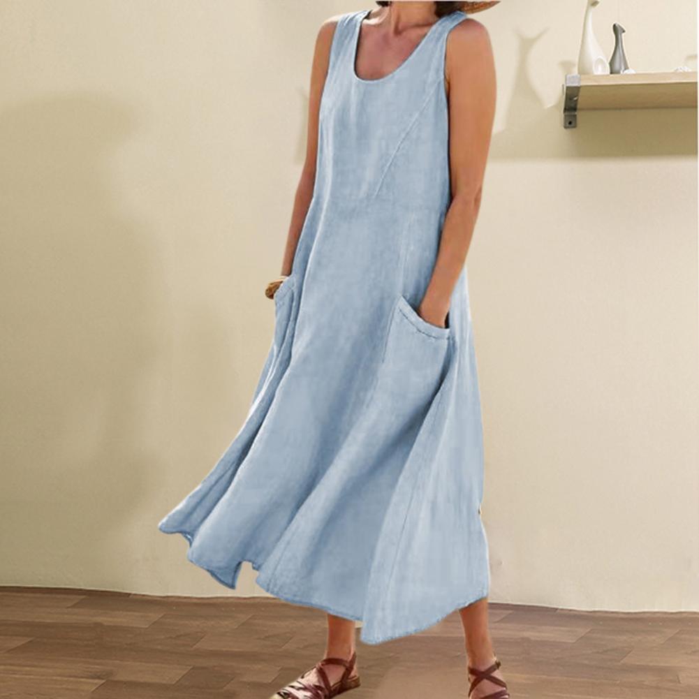 Marie – Langes ärmelloses Kleid mit Taschen