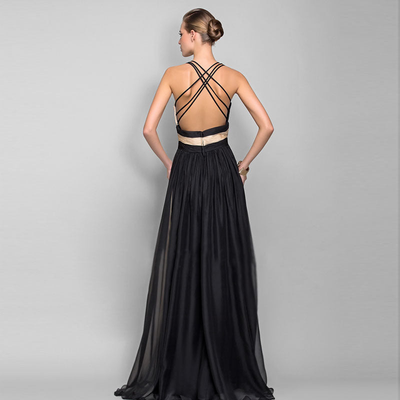 Vanessa – Langes V-Ausschnitt Kleid mit offenem Rücken