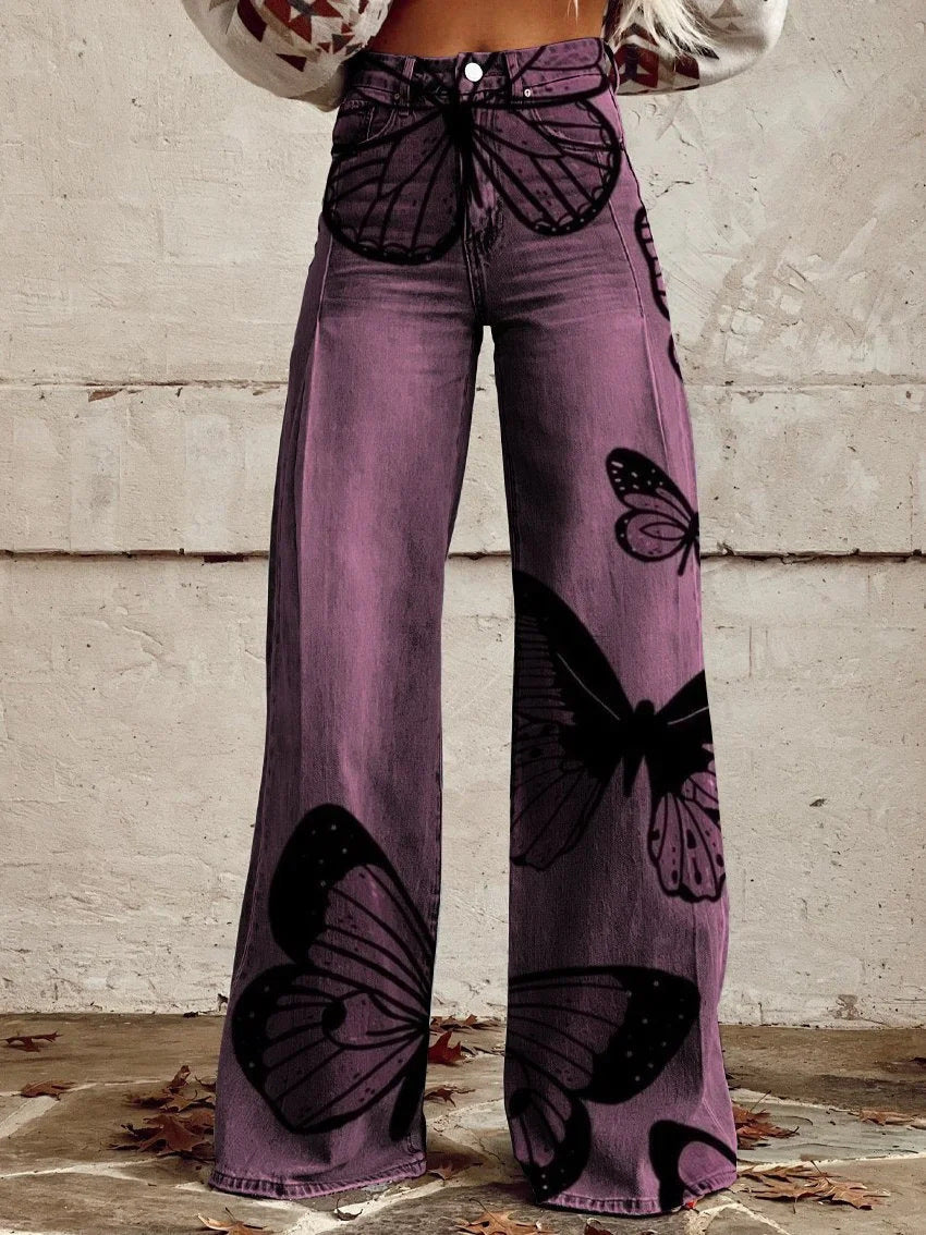 Damen Weite Boho-Jeans mit grafischem Kunst-Design und Vintage-Style, ideal für Streetwear und Festivals