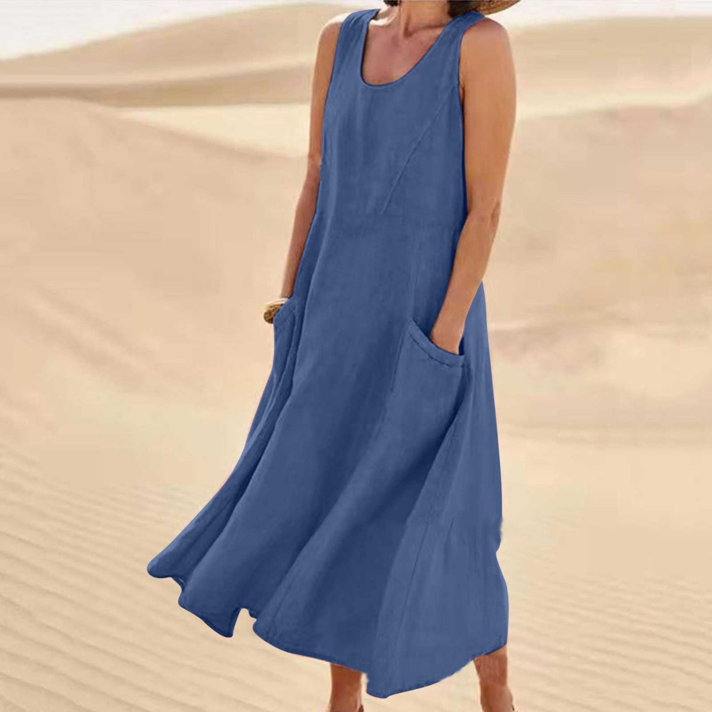 Marie – Langes ärmelloses Kleid mit Taschen