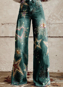 Damen Weite Boho-Jeans mit grafischem Kunst-Design und Vintage-Style, ideal für Streetwear und Festivals
