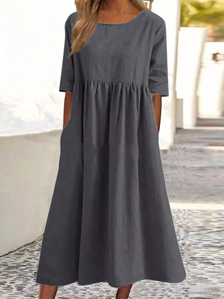 Imogen – Lässiges Damenkleid aus Baumwolle und Leinen mit kurzen Ärmeln und Taschen