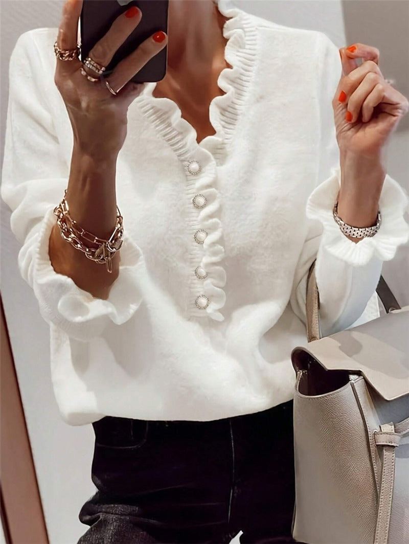 Caroline – Winter V-Ausschnitt Volant Strickpullover mit langen Ärmeln