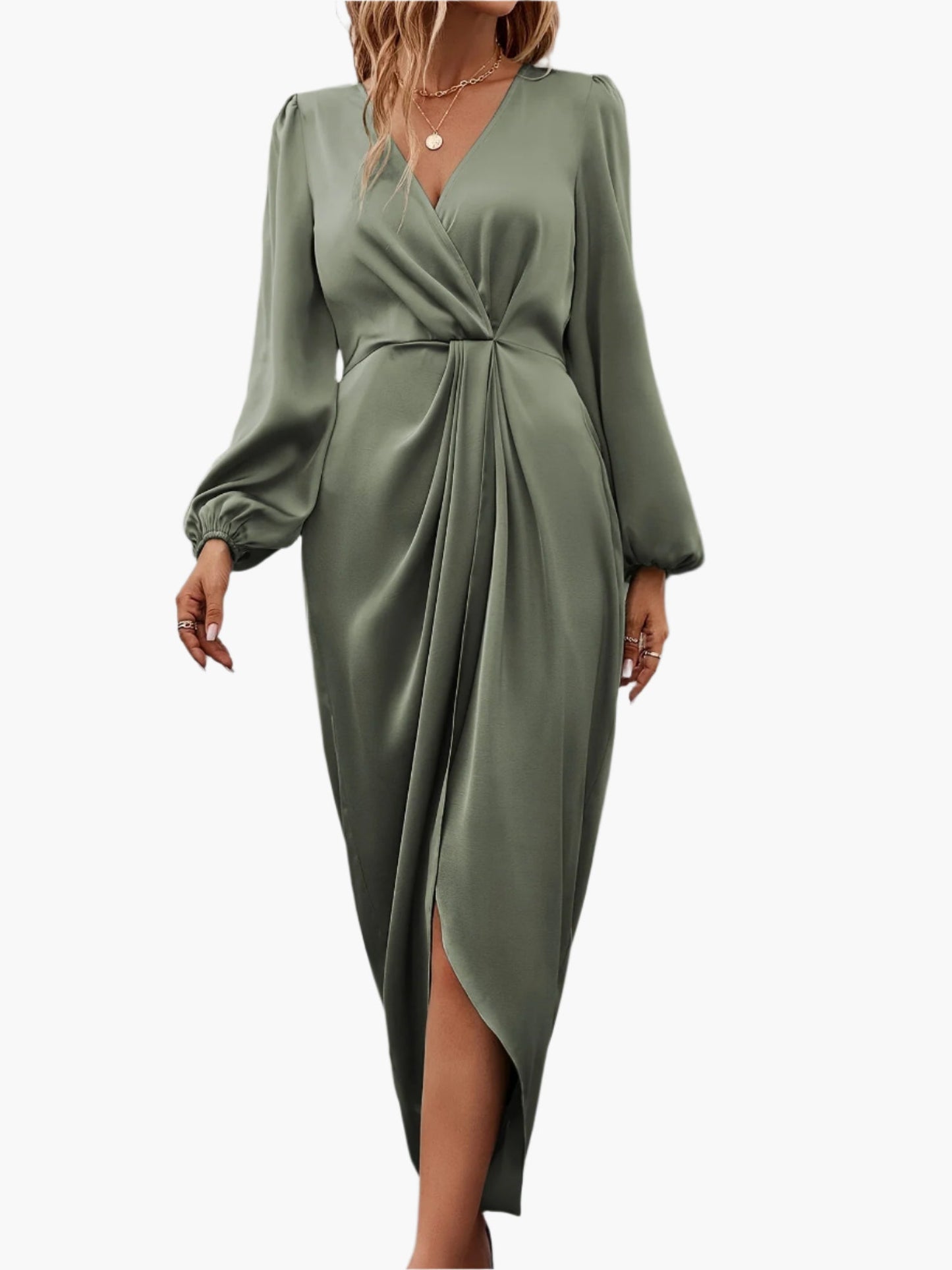 Damen Festliches Wickelkleid mit Raffungen und V-Ausschnitt – Elegantes Abendkleid für besondere Anlässe