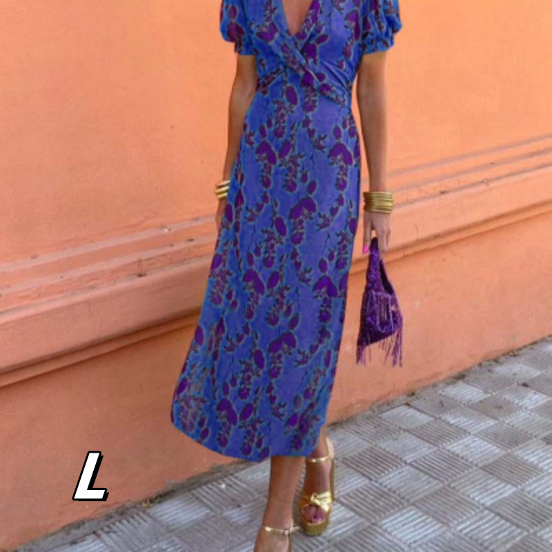 Dawn – Langes elegantes Slim V-Ausschnitt Kurzarmkleid mit Farbkontrastdruck