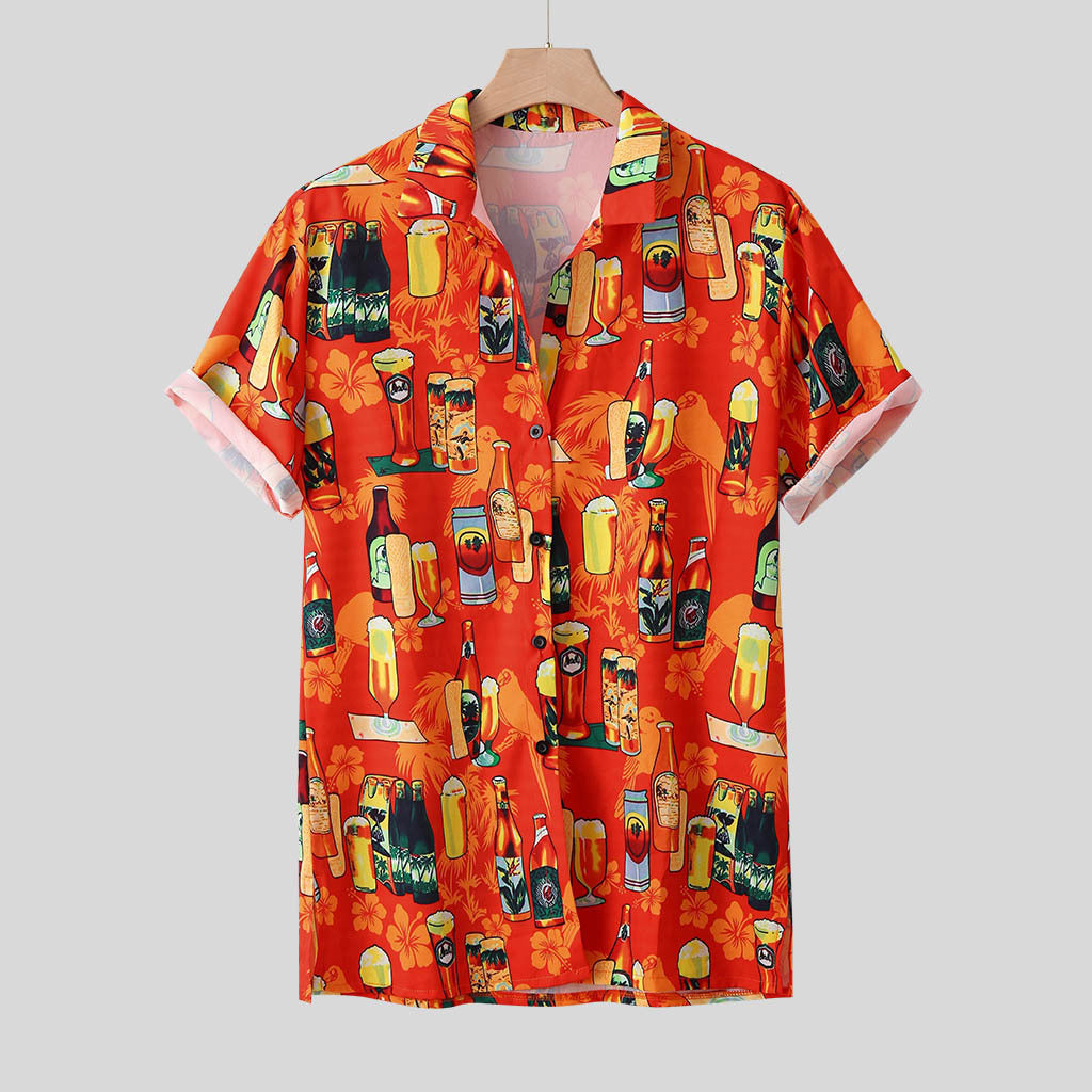 Herren Hawaiihemd mit Cocktail- und Bierflaschen-Print – Oktoberfest Sommer Freizeit Partyhemd