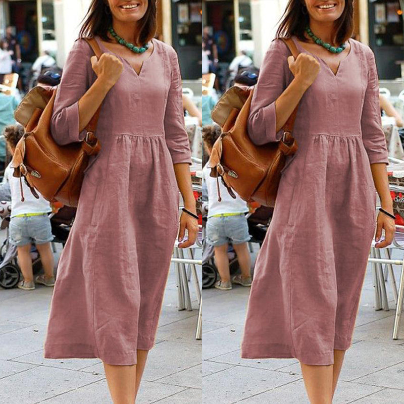 Damen Leinenkleid mit V-Ausschnitt und 3/4-Ärmeln – Elegantes Freizeitkleid für Alltag und Urlaub