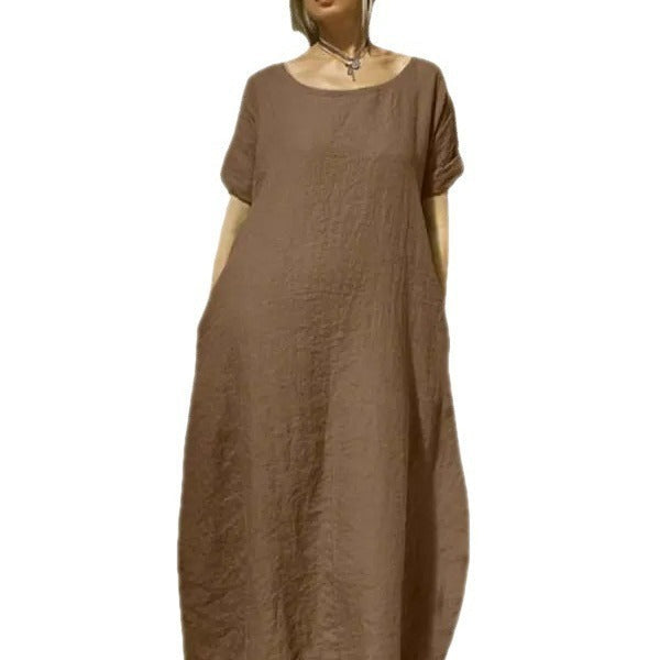 Jasmine – Rundhals-Kurzarm-Waistkleid aus Baumwolle und Leinen in einfarbig