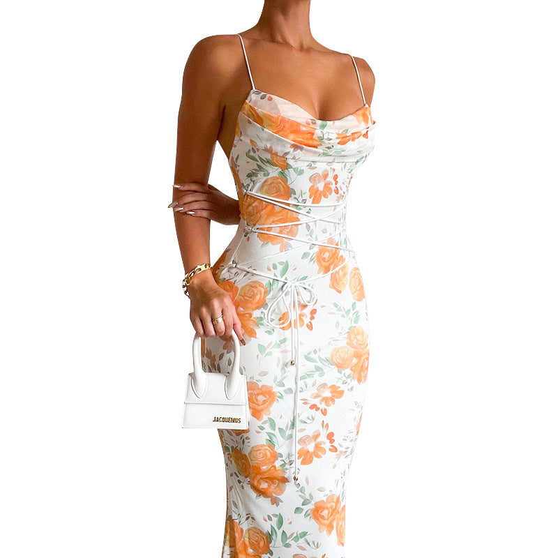 Alice – Bedrucktes Spaghetti-Träger-Kleid mit Schnürung