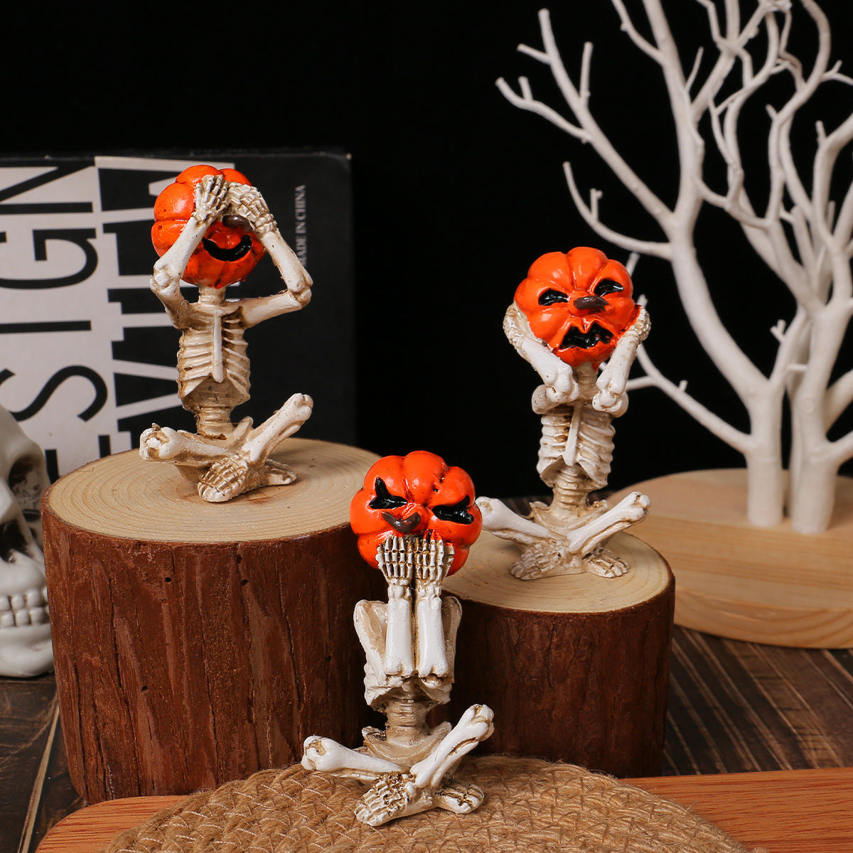 Halloween Deko Figuren Kürbis Skelett-Set – 3-teilig – Lustige Gruseldeko für Party & Zuhause