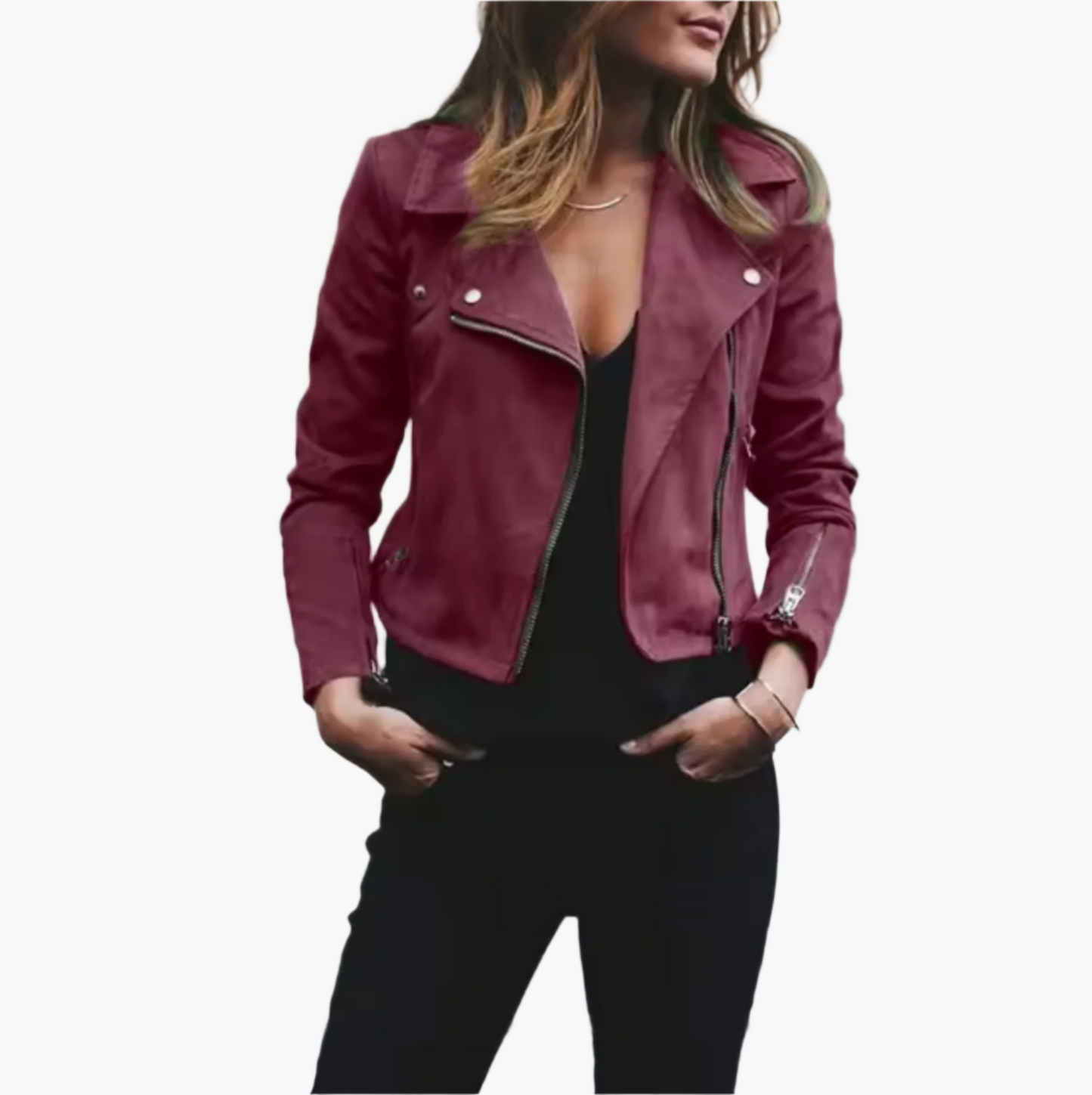 Damen Kurzjacke im Bikerstil – Modische Wildleder-Optik für Freizeit & Streetstyle