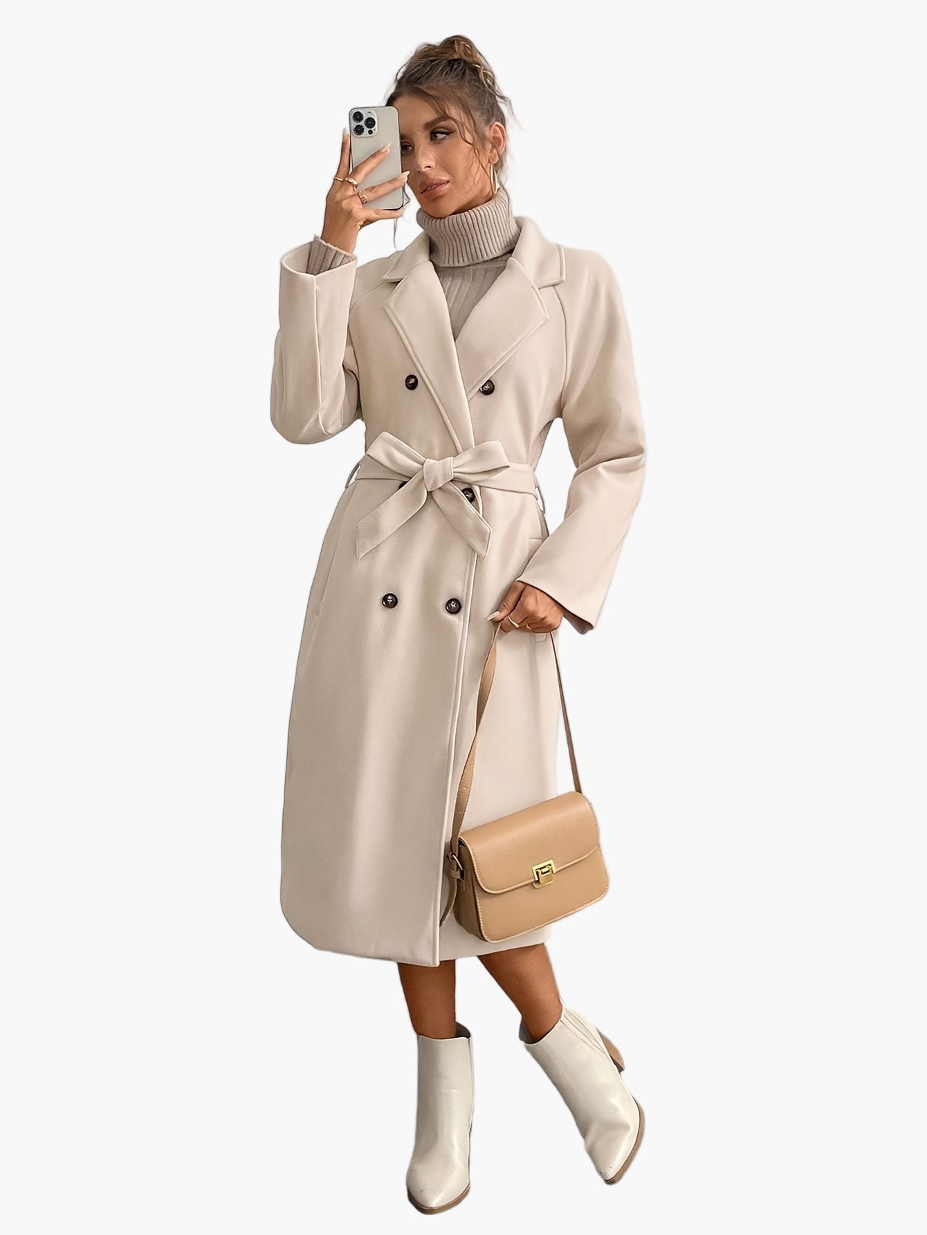 Damen Eleganter Wintermantel mit Gürtel und Taschen – Stilvoller Langmantel für Alltag & Büro