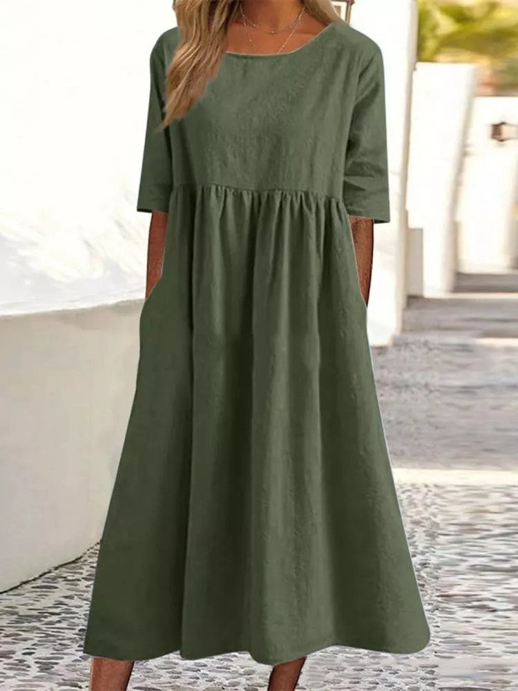 Imogen – Lässiges Damenkleid aus Baumwolle und Leinen mit kurzen Ärmeln und Taschen
