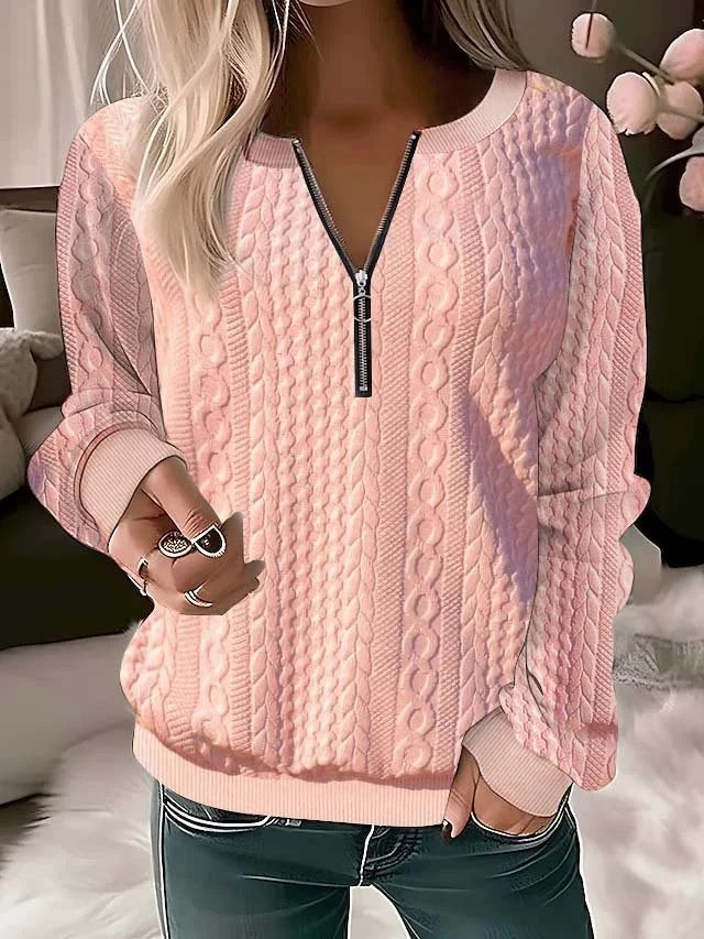 Fiona – Langärmliges T-Shirt mit V-Ausschnitt und Reißverschluss in Solide Farbe